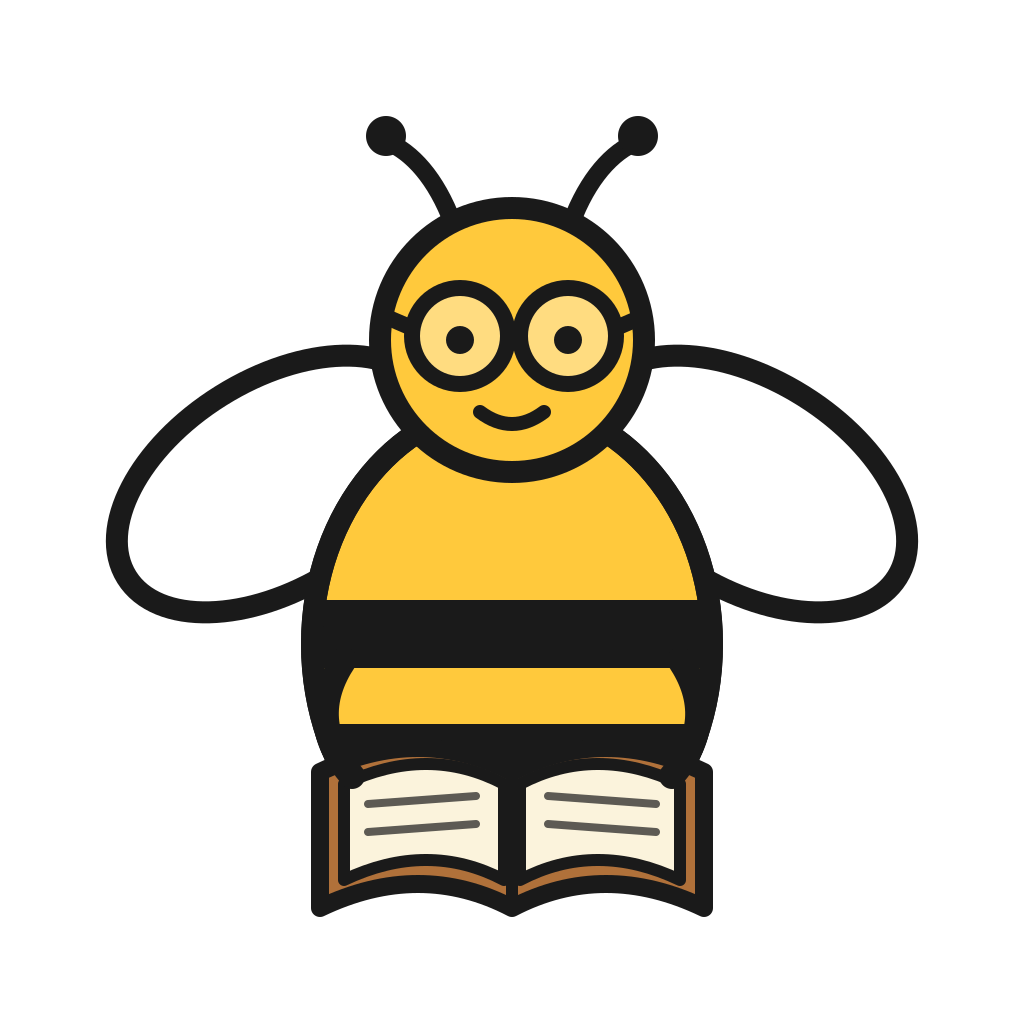 Cartoon bee with glasses reading a book